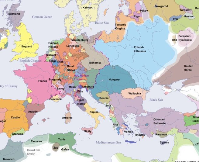 División política de Europa en el año 1400: mapa del poder y la influencia