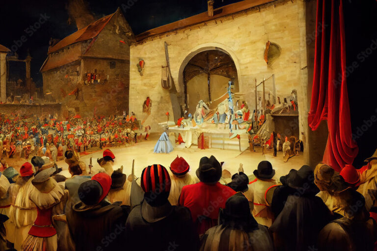 Características del teatro medieval: una mirada a la escena medieval 1 una imagen de un teatro medieval con actores y publico en una representacion teatral